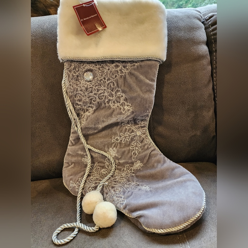 NWT St. Nicholas Square Gray Rhinestone Stocking